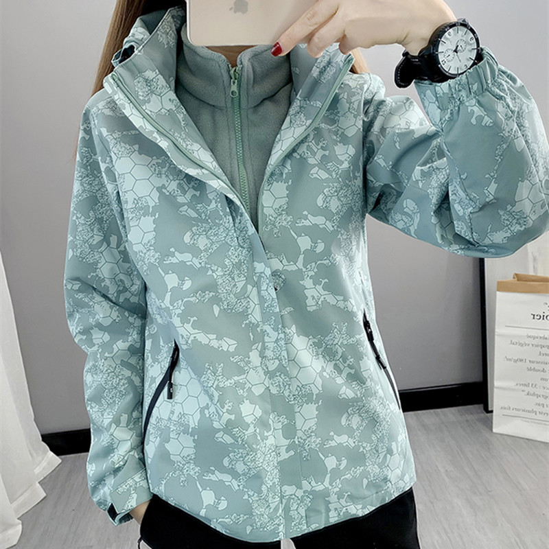 Chaqueta de camuflaje para hombres y mujeres traje de dos piezas tres en uno forrado de lana engrosada cálida chaqueta a prueba de viento montañismo esquí ropa deportiva