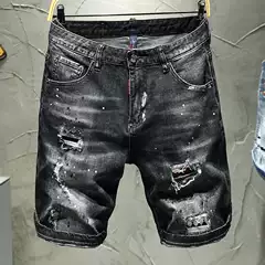 DSQ Men's Mid-Length Denim Shorts - Cotton-Stretch, Distressed Black/Gray, High-End for Export