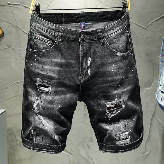 DSQ Men's Mid-Length Denim Shorts - Cotton-Stretch, Distressed Black/Gray, High-End for Export