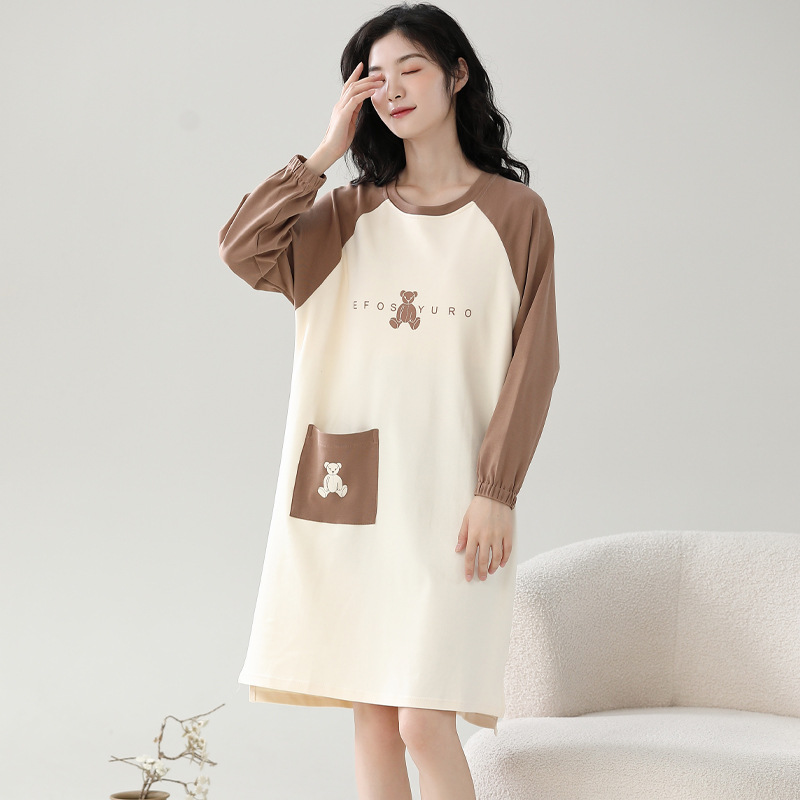 Camisón con almohadilla en el pecho Otoño e Invierno de las mujeres de manga larga de algodón puro pijamas de niña linda al por mayor de fábrica dulce directo se puede usar fuera