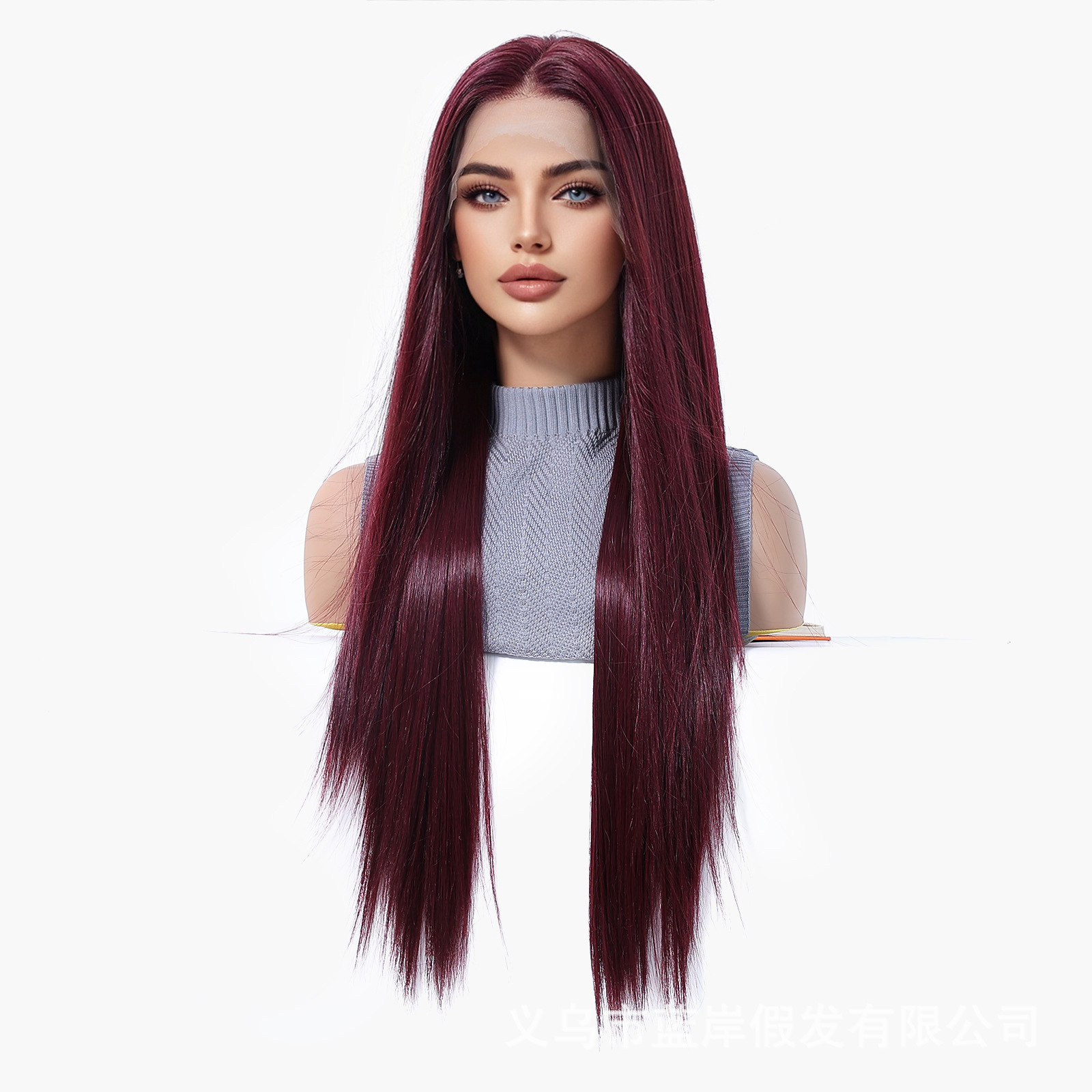 Peluca de encaje de área grande 13*6, cabello largo y liso rojo vino femenino, división aleatoria de celebridades de Internet, lugar de fábrica dulce de verano