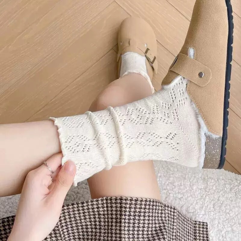 Lace Solid Color Retro Hollow Mesh Slip-On Socks for Women Mid-Calf Slouch Socks Japanese Lolita Spring and Autumn Loose Socks