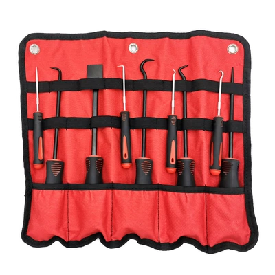 4-Piece/9-Piece/11-Piece/13-Piece/17-Piece Car Oil Seal: Mühərrik tənzimləmə alətləri - red-9-piece-hook-set-oxford-storage-roll-bag