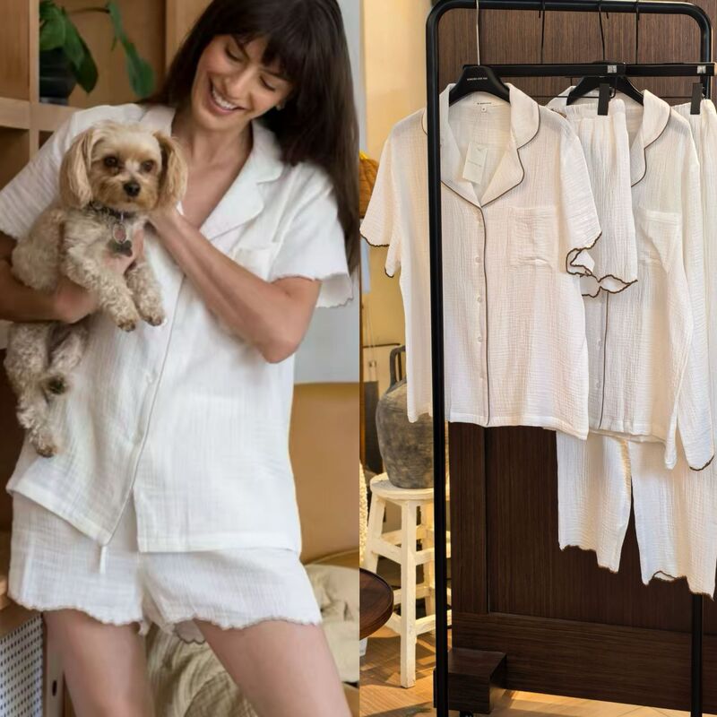 Women's Summer New Organic Cotton Double-layer Cotton Yarn Embroidered Lace Short-sleeved Pants Long-sleeved Pants Home Clothes suit