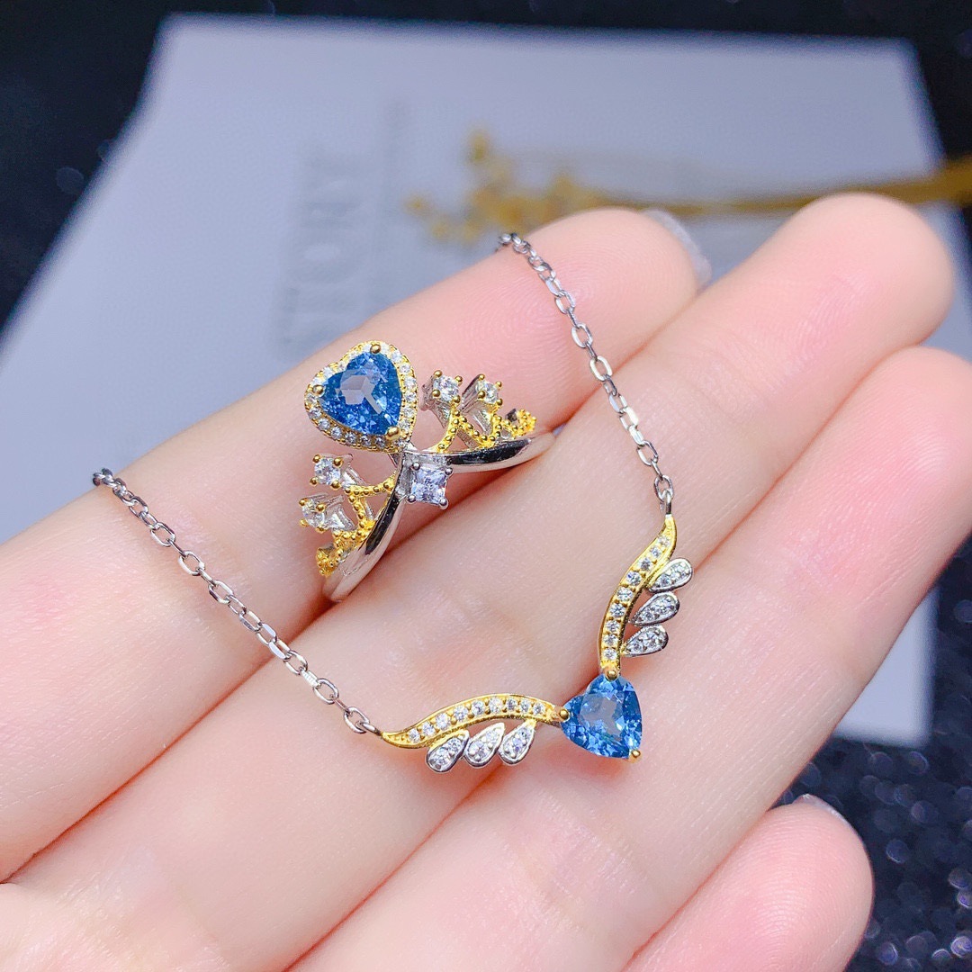 New Angel Wing Necklace Heart-shaped Blue Topaz Color Ring Pendant Copper Set display picture 3