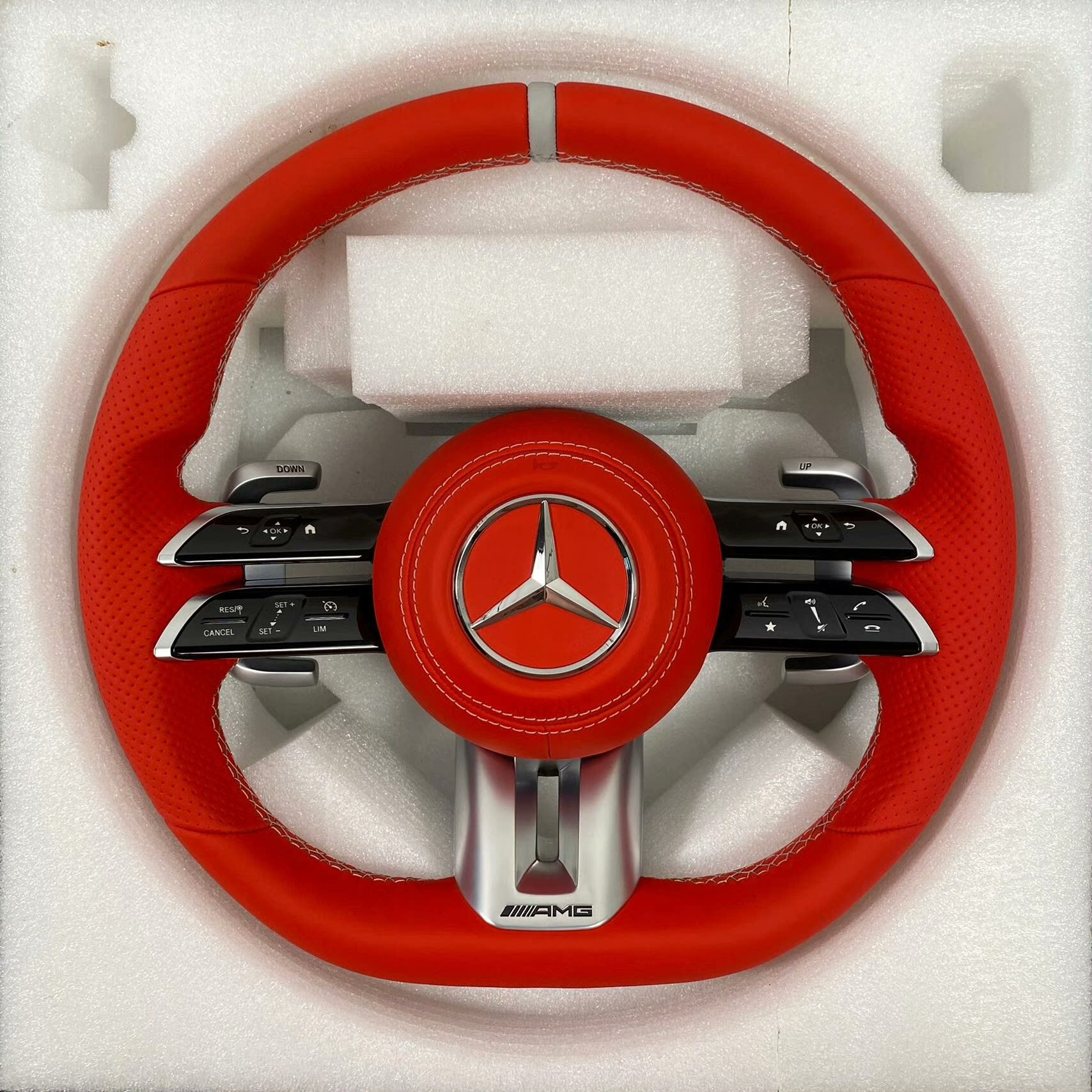 Mercedes-Benz AMG steering wheel assembly, Dragonfly flat-bottom design, red genuine leather, with full paddle shifter functionality
