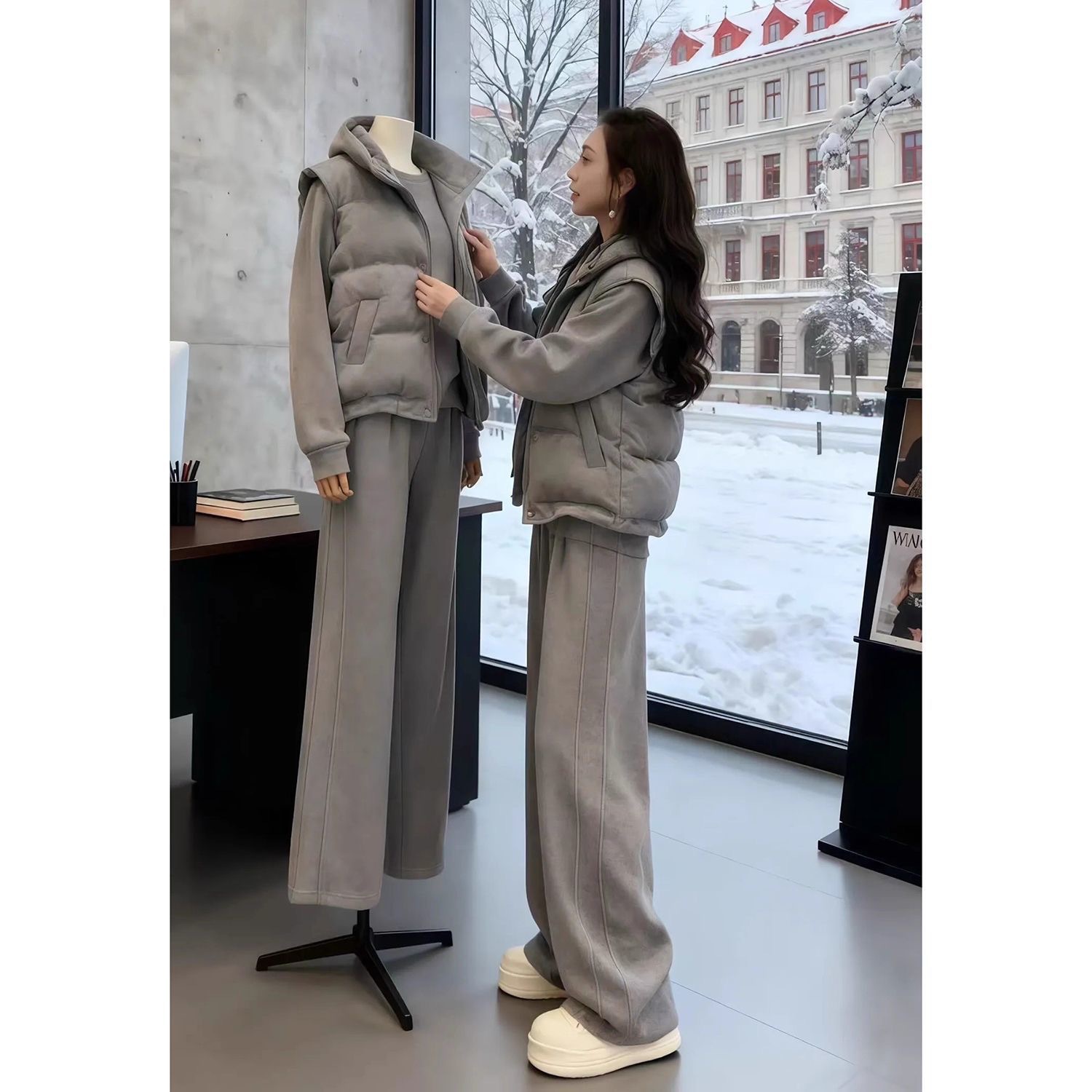 2025 New Autumn and Winter Casual Sports Suit Women's Warm Vest Hooded Elegant Sweatshirt High Waist Hip-Covering Casual Pants