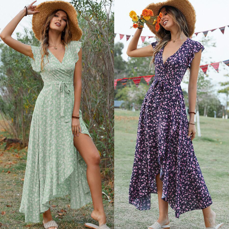 Real Shot of Cross-Border Amazon European and American New Bohemian V Neck Printed Lace-Up Lotus Leaf Sleeve Long Dress