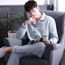 5A抗菌纯棉夹层睡衣男士秋冬款加厚长袖全棉套装加大码空气薄夹棉