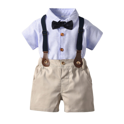 Cross-border baby boy gentleman dress summer new classic striped short-sleeved shirt shorts suit boy performance clothing