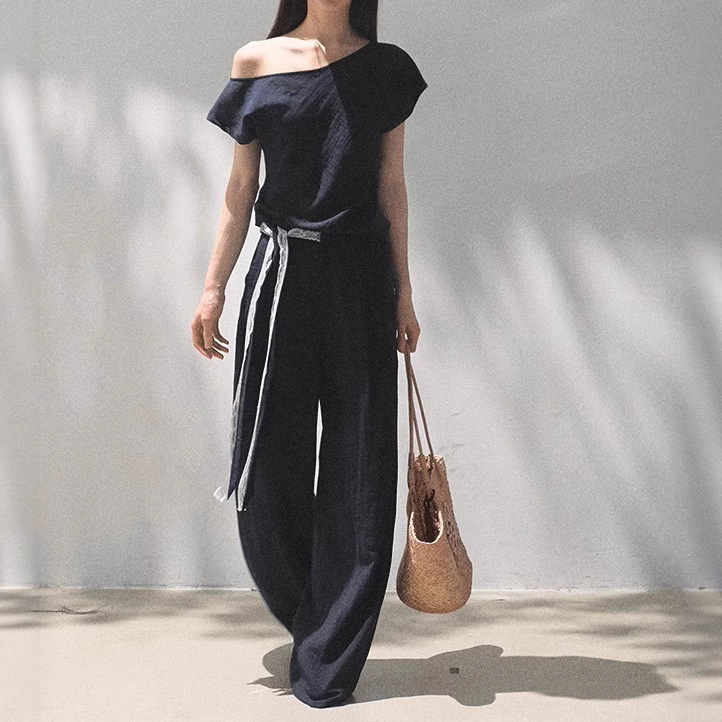 Oakmoo Basic* Story from the Distance Linen Off-Shoulder Short-Sleeve Shirt Casual Long Pants Sun Protection Set