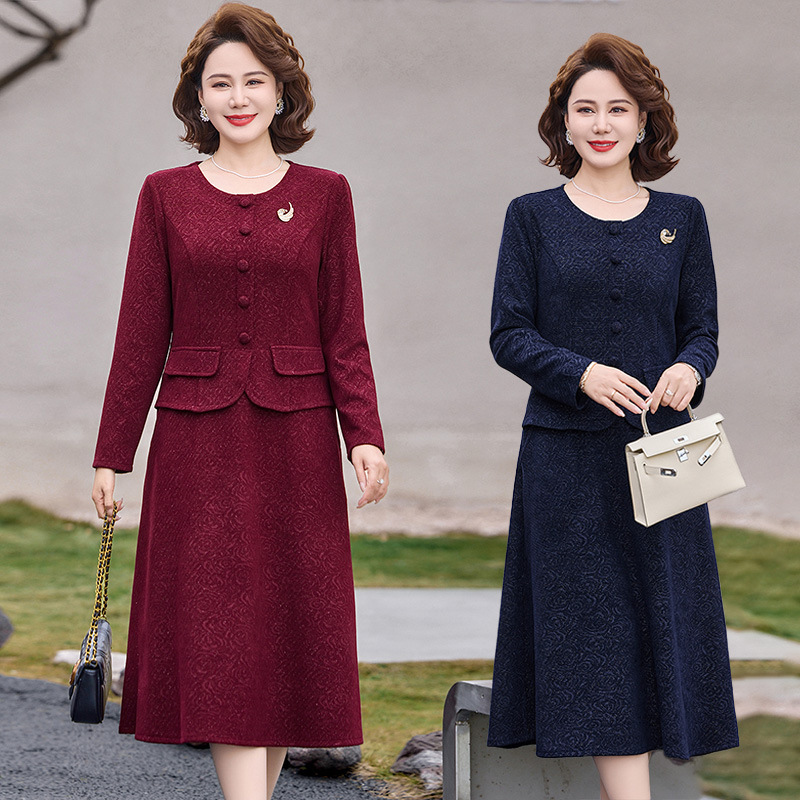 Elegant long-sleeved two-piece dress for mothers, new style for middle-aged women, spring and autumn mid-length wedding party dress