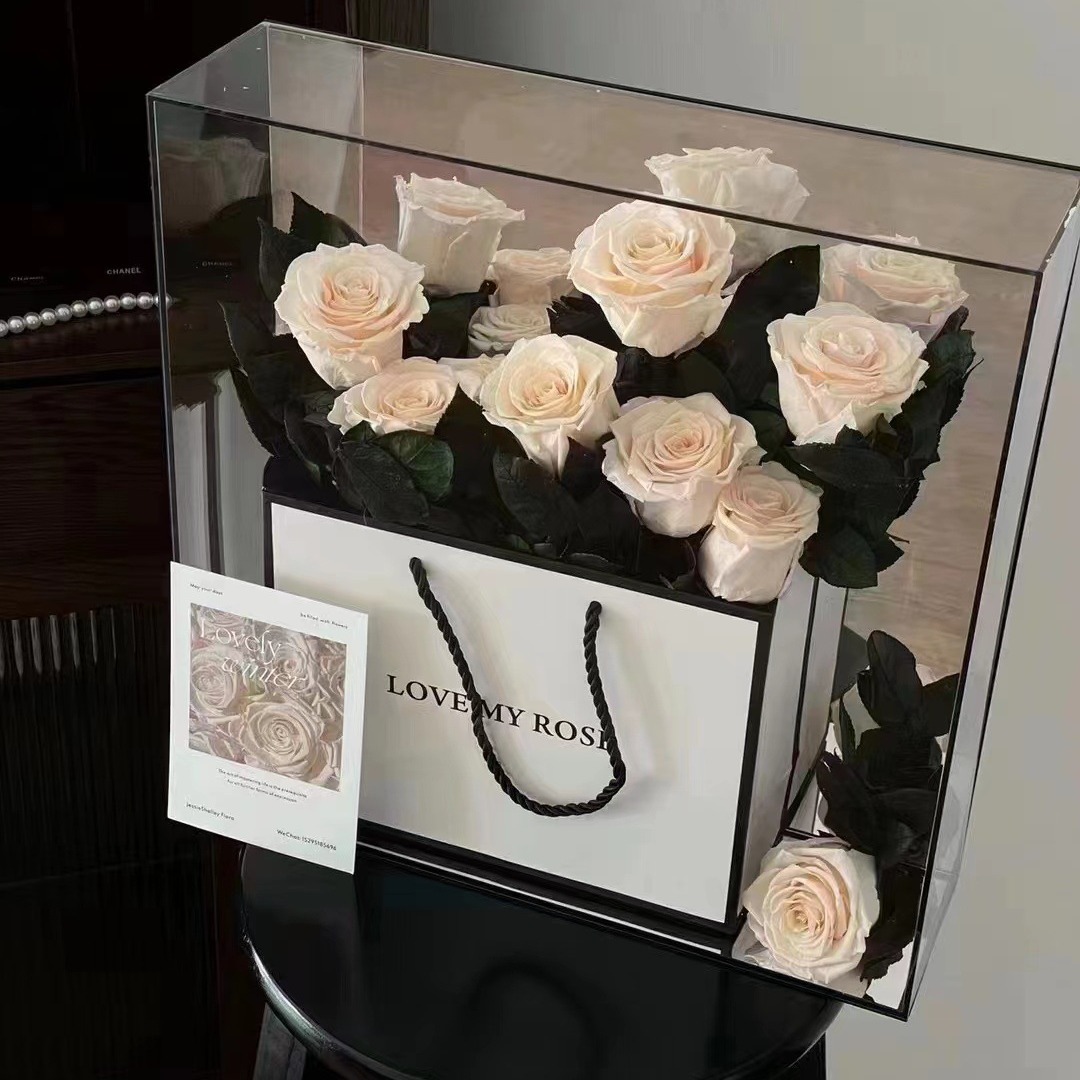 Flor de la eternidad Rose acabado caja de flores acrílico Día de San Valentín para novia regalo de cumpleaños de alto nivel perímetro de la eternidad