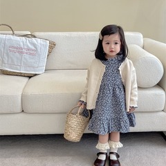 韓版童裝2024新款女童洋氣套裝春季針織毛衣開衫碎花連衣裙兩件套