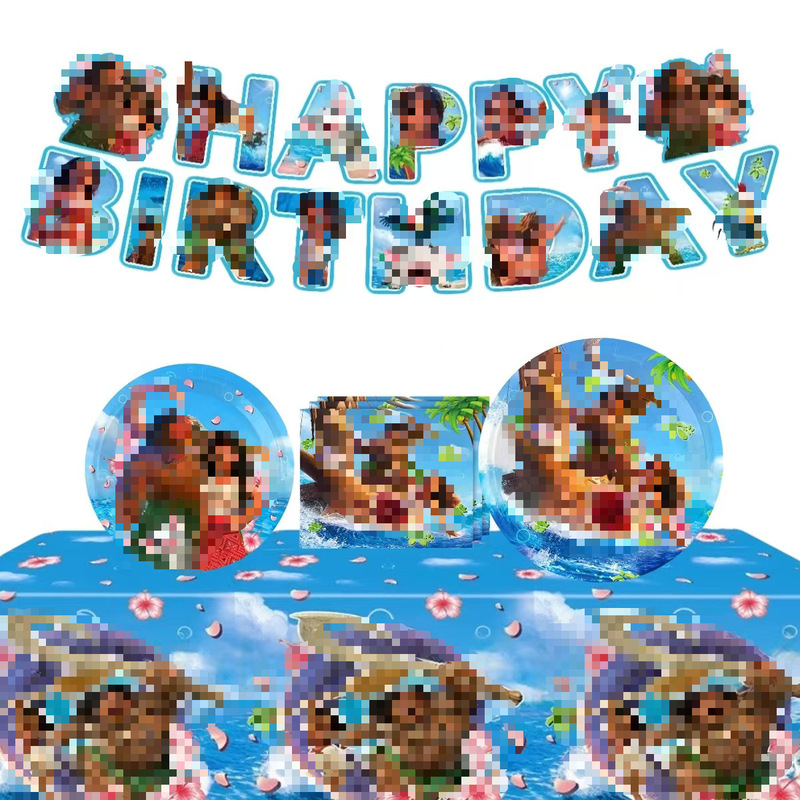 New Moana Series Themed Birthday Party Supplies Disposable Paper Towels Pe Tablecloth Children's Tableware Tabletop