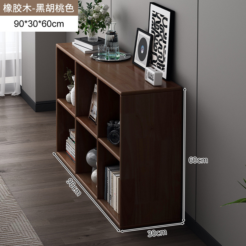 Estantería de madera de goma, gabinete de rejilla de madera maciza, sala de estar, soporte integrado contra la pared, almacenamiento de piso, estantería de color de nogal americano