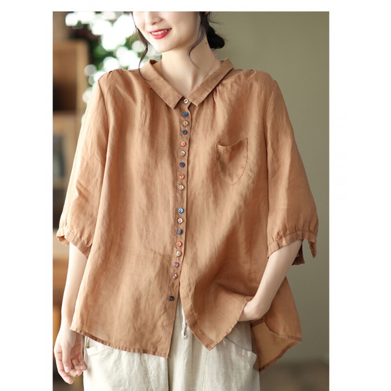 New Vintage Style Colorful Buttoned Ramie Shirt with a Stylish Turn-Down Collar and Long Sleeves for Women, Artistic Blouse New Vintage Style Colorful Buttoned Ramie Shirt with a Stylish Turn-Down Collar and Long Sleeves for Women, Artistic Blouse