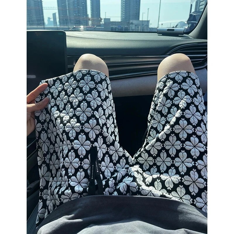 Houndstooth Floral Print High Waist Straight Leg Summer Shorts_voghion.com