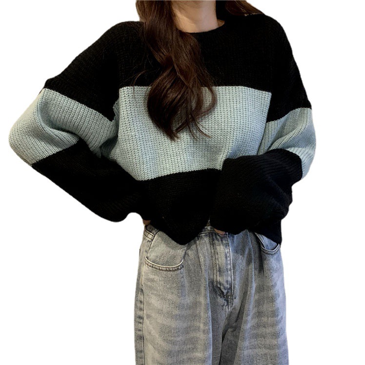Suéter con estampado de cangrejo de cinco colores para mujer, nuevo estilo de primavera y otoño, jersey holgado, estilo retro informal, top corto a rayas para mujer.