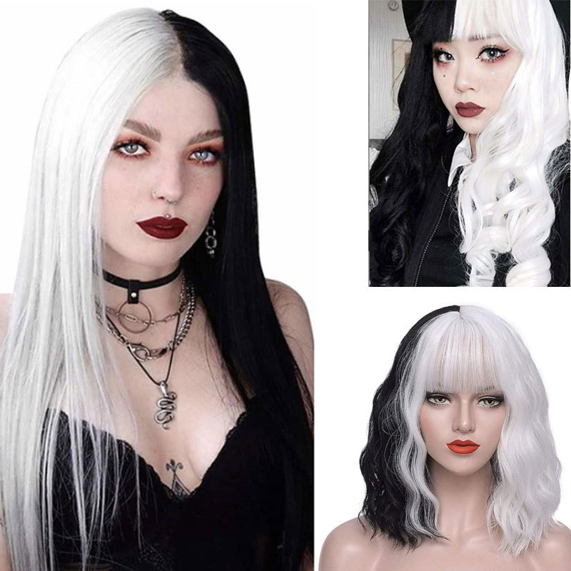 Black and White Witch Kuiara Cos Wig, Long Straight, Short Curly, Corn Perm, Middle Part, Water Wave, Halloween Dual-Color Design Black and White Witch Kuiara Cos Wig, Long Straight, Short Curly, Corn Perm, Middle Part, Water Wave, Halloween Dual-Color Design