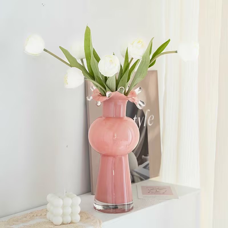 Vaso moderno minimalista creativo de boca ondulada de alto nivel de rocío de lluvia jarrón de vidrio decorativo jarrón floral para la sala de estar