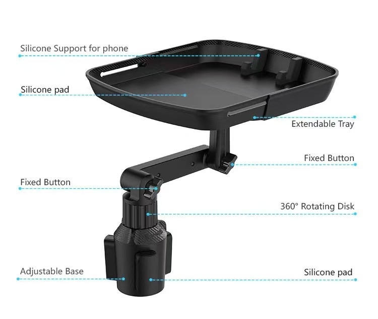 Car Phone Holder with Retractable Tray for Food, Drinks, Snacks, Small Dining Table, Food Storage Rack, and Cup Holder