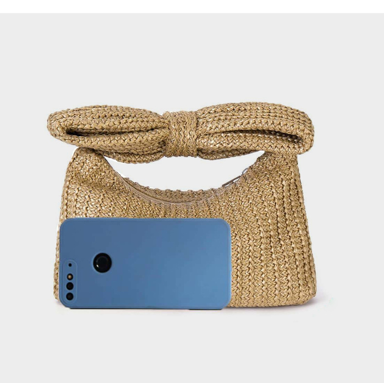 Elegant Style Square Shape Women's Straw Bow Knot Elegant Square Zipper Clutch Bag