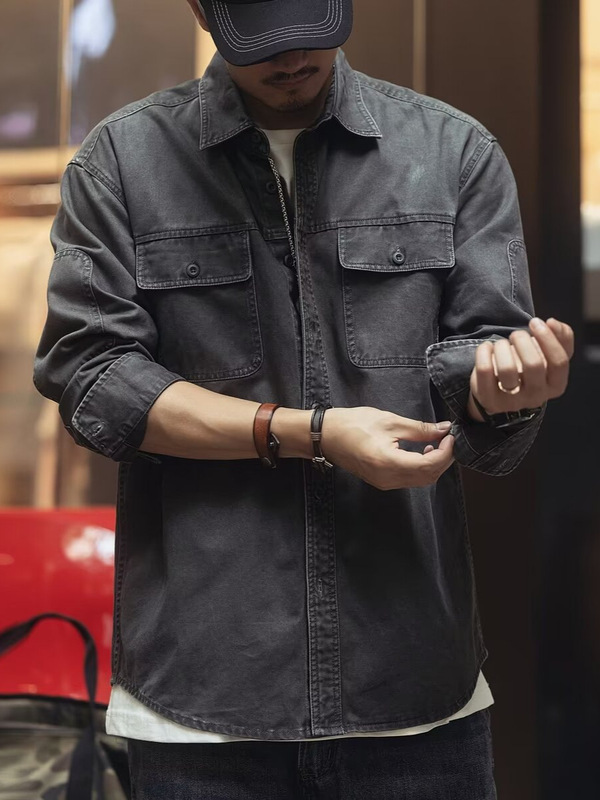 アメリカのレトロなスーツの男性は長袖のシャツのコートのファッションのブランドのジャケットの秋のタイプのゆったりしたシャツのコートのファッションを折ります。|undefined