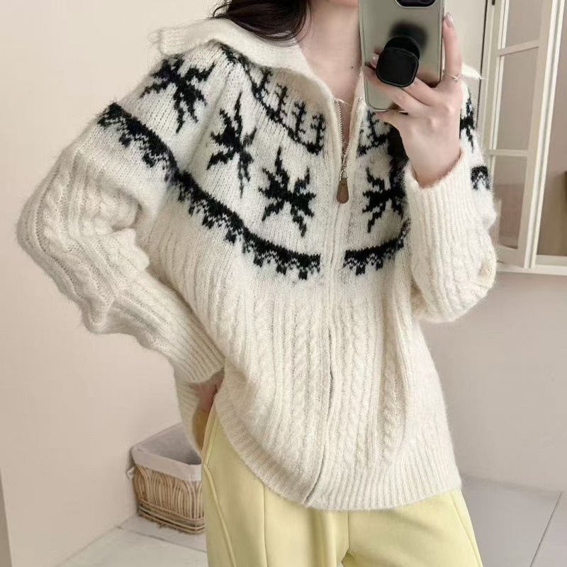 Alpaca Jacquard corteza suéter con cremallera chaqueta coreana gran solapa de pelusa sensación suave chaqueta glutinosa