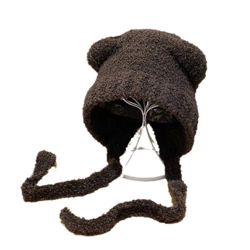 Hat women's winter new autumn and winter cute internet celebrity same style bear versatile warm woolen hat ear protection knitted hat