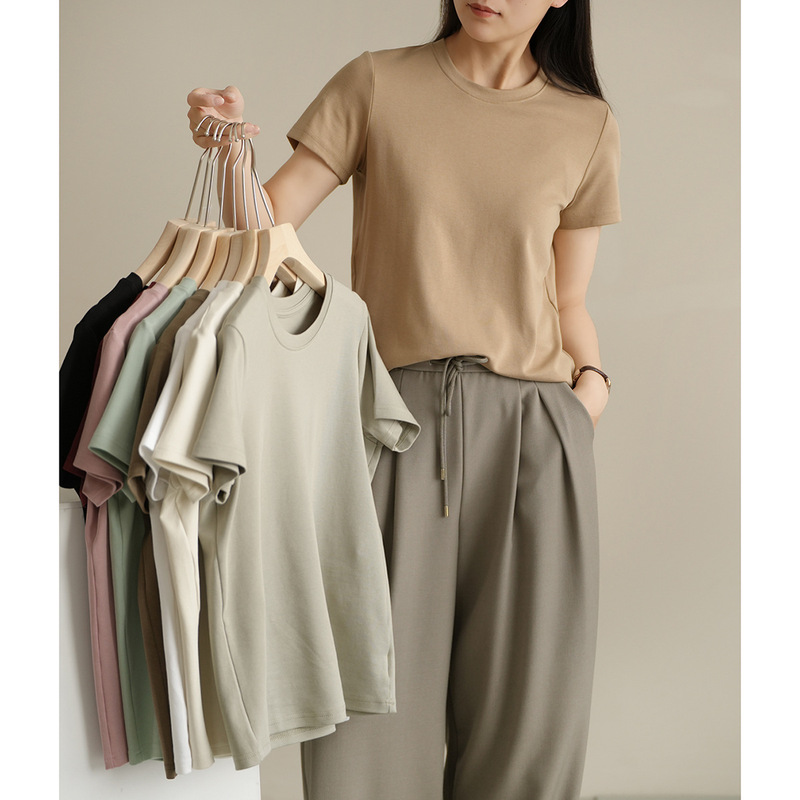 Lyocell Cotton Women's Round Neck Short-Sleeved Pure Color Basic T-Shirt Loose Silky Top Summer Women's Clothing