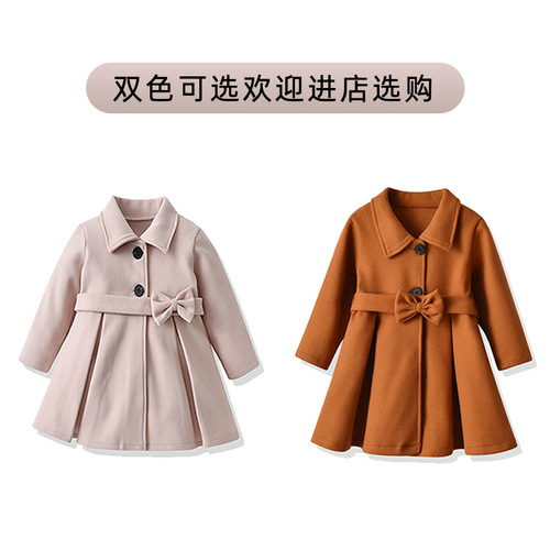 Children's Cross-border E-commerce Autumn Coat with Bowknot, Thick Korean-style Medium-length Wool Coat, Factory Wholesale
