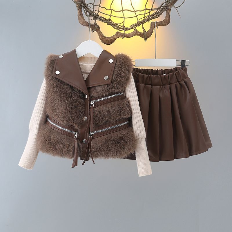 2025 New Style Girls' Autumn and Winter Fleece-Lined Set: Stylish Sweater, Baby Vest, Children's Fur Vest, Three-Piece Set