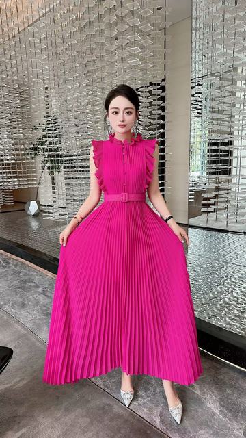 Vestido longo plissado de chiffon feminino com cinto, babados