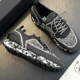 广州货欧洲站新款高密度针织面料搭配牛皮手工工艺透气休闲板鞋男