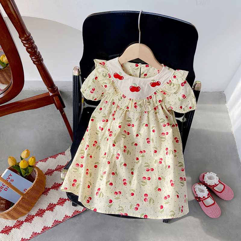 Fresa bordado con volantes niñas vestido de verano nueva fruta impreso los niños manga corta muñeca falda