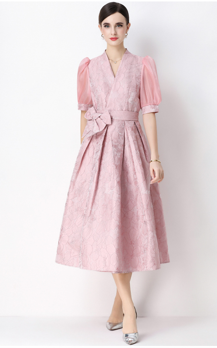 Đầm maxi nữ thắt eo V cổ tay ngắn họa tiết jacquard thanh lịch — màu đen, xanh lam, Màu hồng, màu trắng chi tiết 12
