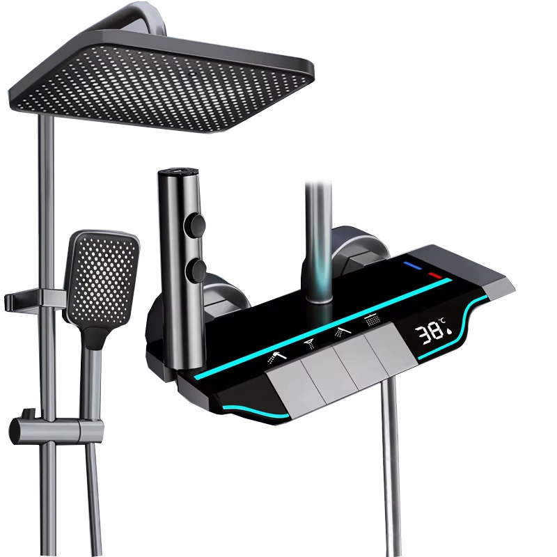 Todo el bronce gris conjunto de ducha tecla de piano baño temperatura constante pantalla digital luz de atmósfera ducha boquilla de presión doméstica
