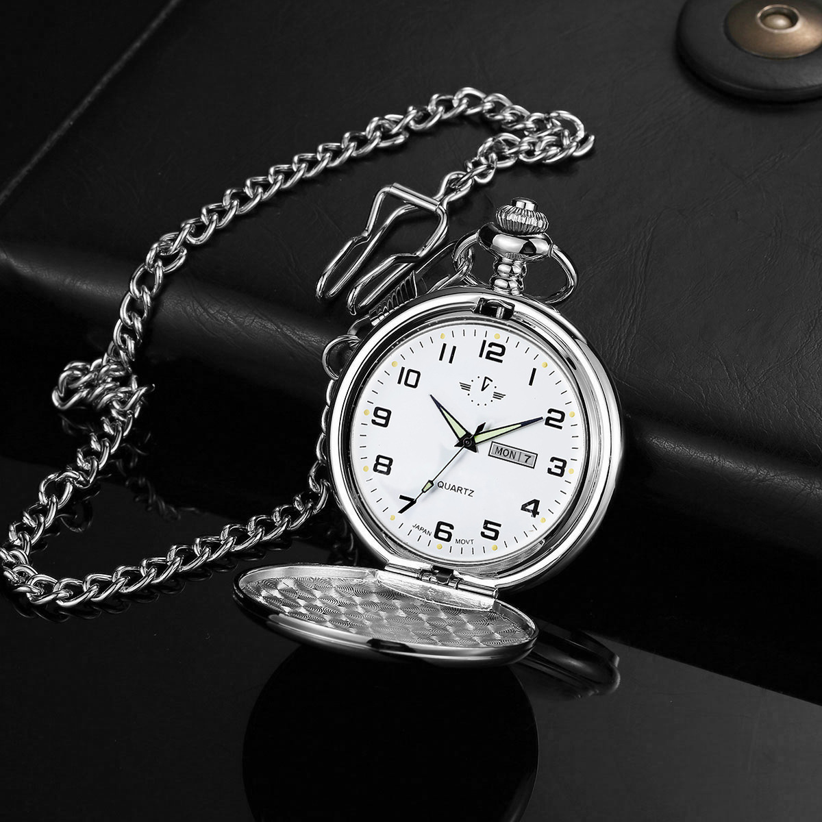 Cross-Border New Double-Sided Flip Cover with Weekly Calendar Quartz Pocket Watch Luminous Pointer Business Necklace Hanging Watch Wholesale
