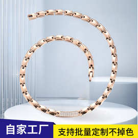 跨境流行不锈钢饰品钛钢项链黑胆石磁石永磁磁性项链镶钻锆石