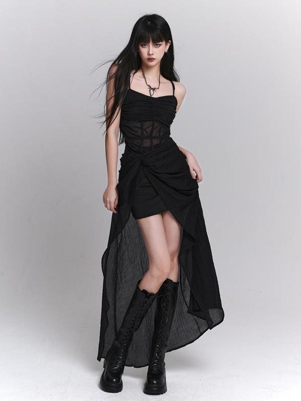 暗黑系黑色鱼骨吊带连衣裙子女辣妹生日小黑裙成人礼服长裙|undefined