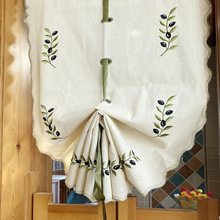 成品窗帘橄榄枝刺绣棉麻免打孔飘窗升降罗马帘美式客厅隔断窗帘