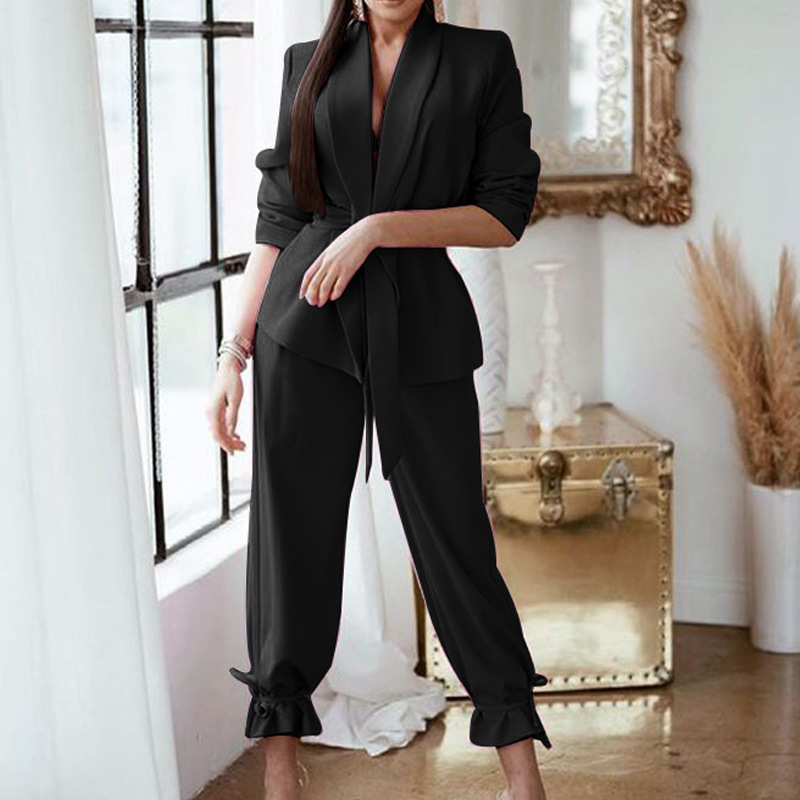 solid color casual long sleeve lace-up top slim pant two-piece suit NSJZC110155