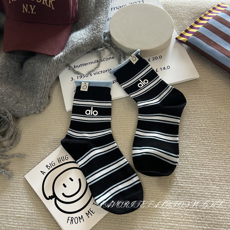 新款烫印alo布标洋气卷边假两件双罗口袜子女韩系撞色条纹中筒袜|undefined