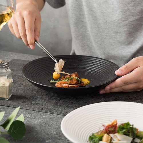 High-end sense bamboo hat bowl hotel tableware Japanese threaded ceramic surface bowl satin plate ramen large soup bowl salad bowl