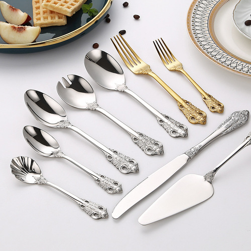 Cross-border 304 stainless steel knife, fork and spoon, thickened high-end steak knife and fork, retro light luxury gold palace embossed tableware