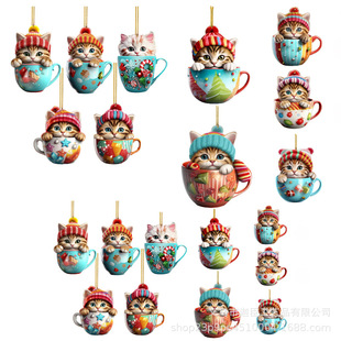 Cross-border New Cups Cat Flat Pendant Natal Pinente Beautiful Cat Avar Decorative Ornaments Hanging Ornaments