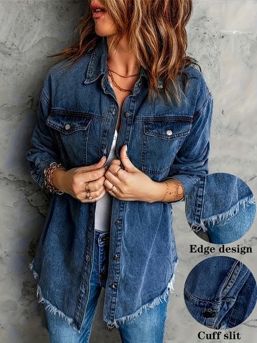 Women's Vintage Washed Denim Jacket with Frayed Edges Casual