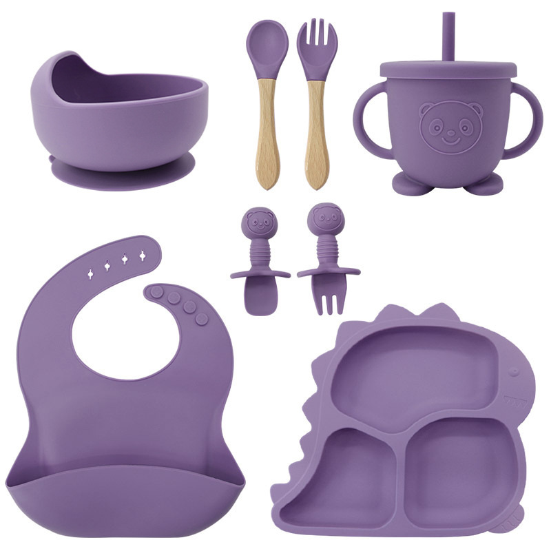 Fábrica al por mayor cubiertos para bebés babecera de silicona platos de comida suplementarios dinosaurios niños comidas set de entrenamiento