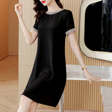 专柜正品桑蚕丝连衣裙女2025夏季新款圆领纯色高端气质显瘦小黑裙
